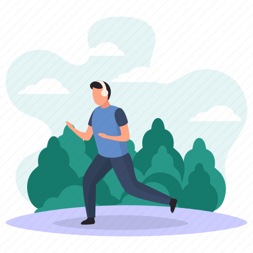 Jogging, morning, park, headphone, plantation, clouds, young man illustration - Download on Iconfinder