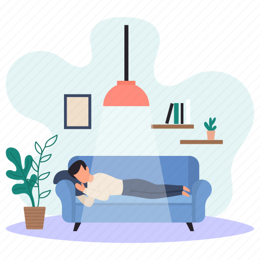 Man, resting, flower pot, book shelf, wall picture, ceiling lamp, sofa couch illustration - Download on Iconfinder