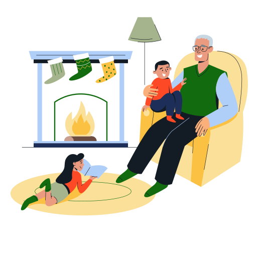 Quality time, grandkids, grandpa, senior, fireplace, cozy, home illustration - Free download