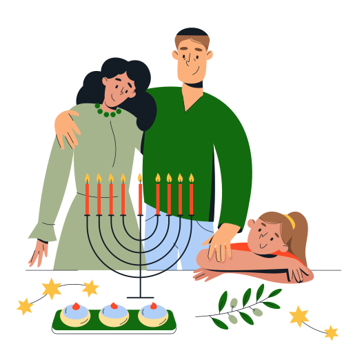 Hanukkah, menorah, sufganiyah, sufganiyot, winter, family, festive illustration - Free download