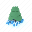 winter, pine tree, snow, snowflake, gift box, surprise, holiday, festive, event 