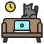 cat, clock, laptop, sofa 