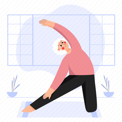 Yoga, wellness, sport, exercise, gate pose, parighasana, old woman illustration - Download on Iconfinder