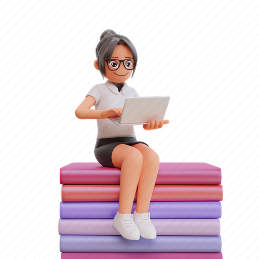 Secretary, sit, laptop, books, internet, computer, online 3D illustration - Download on Iconfinder