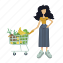 woman, hold, pushcart, fruits, vegetables