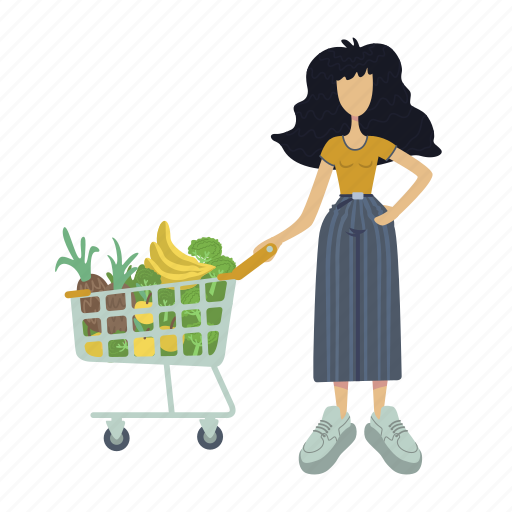 Woman, hold, pushcart, fruits, vegetables illustration - Download on Iconfinder