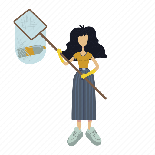 Woman, hold, net, garbage, plastic bottle illustration - Download on Iconfinder