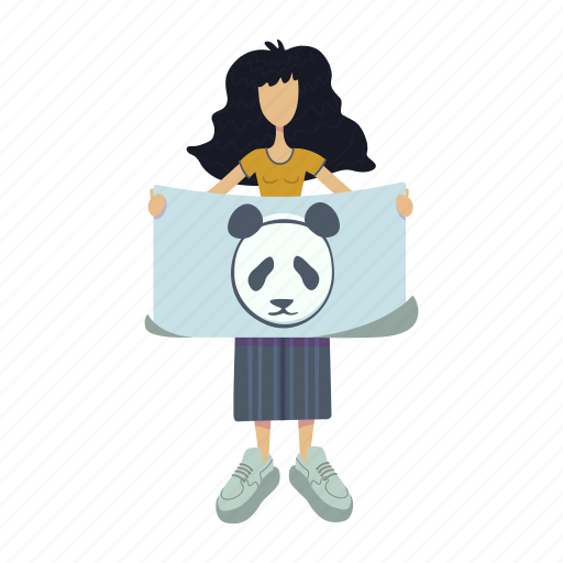 Woman, hold, banner, panda, animal caring illustration - Download on Iconfinder